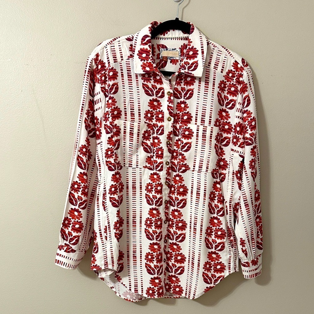 Pilcro Anthropologie Rust Tribal Floral Print 
Button Down Shirt Sz Small Boho